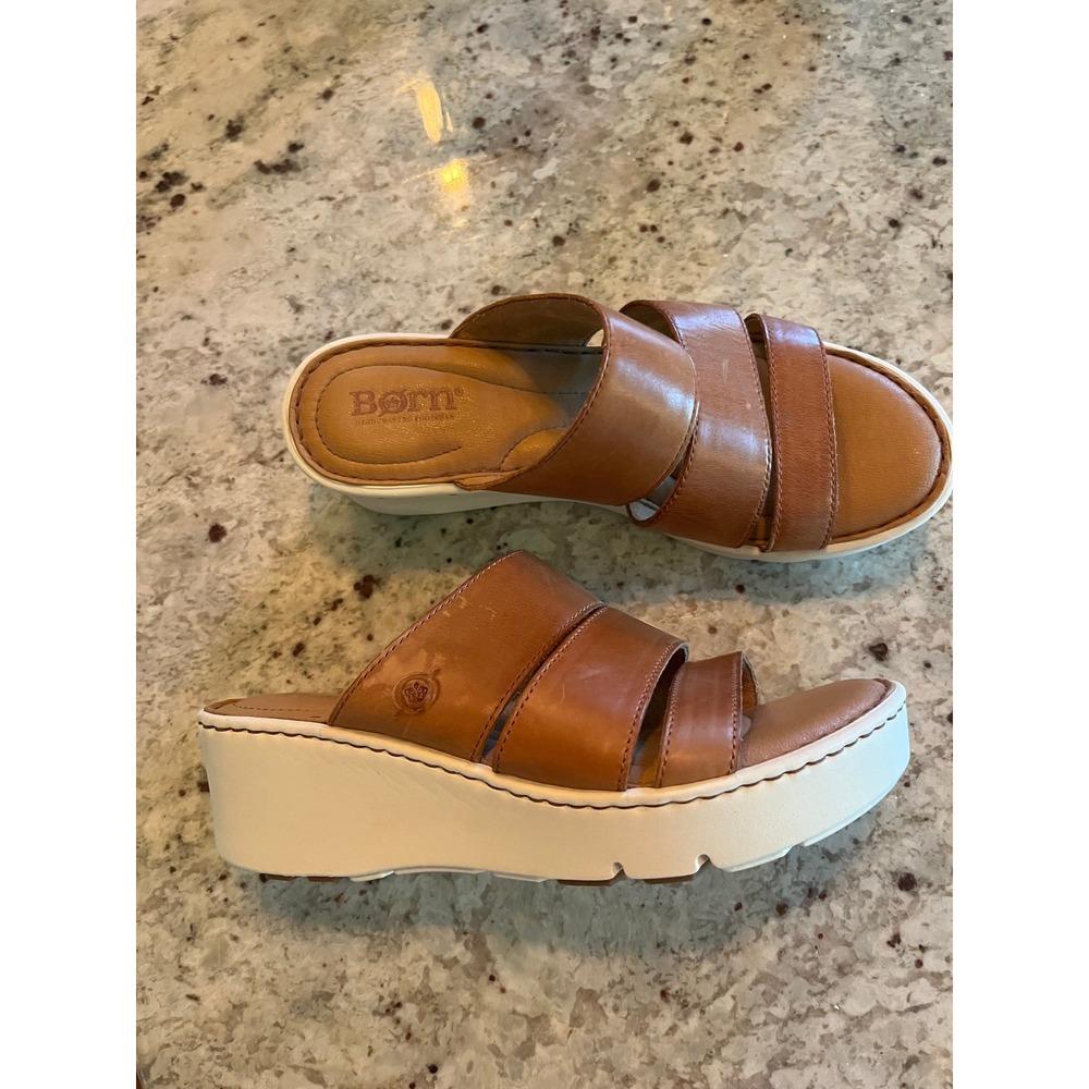 Born Khela Tan Leather Platform Wedge Slide Sandals BR0037906 Womens 6M